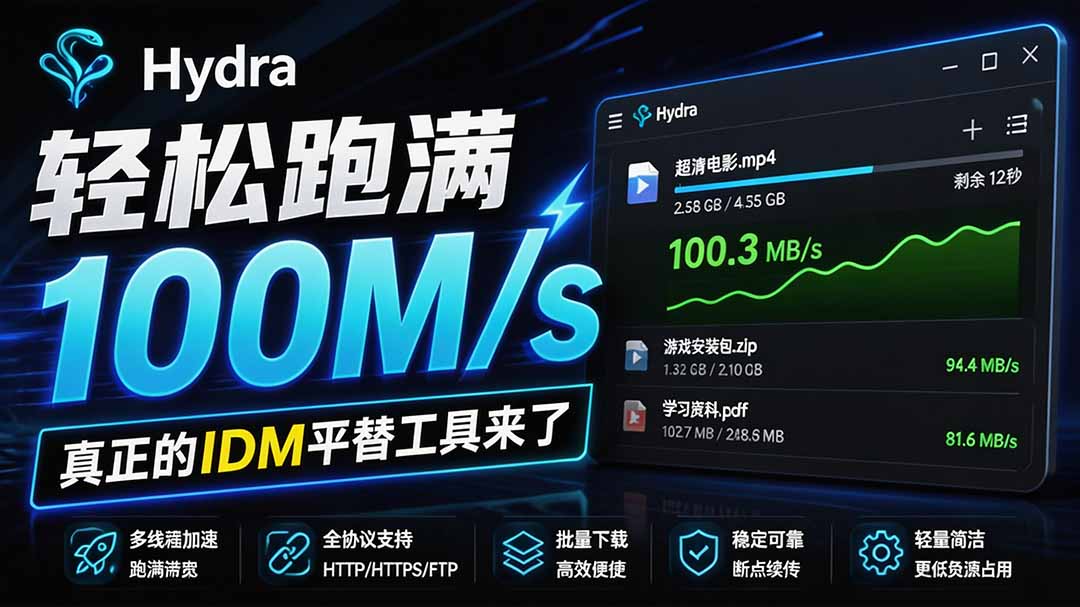 （20350期）轻松跑满100M/s，真正的IDM平替工具来了，开源多线程器，支持浏览器拓展，一键智能加速 Hydra Download Manager-小二项目网