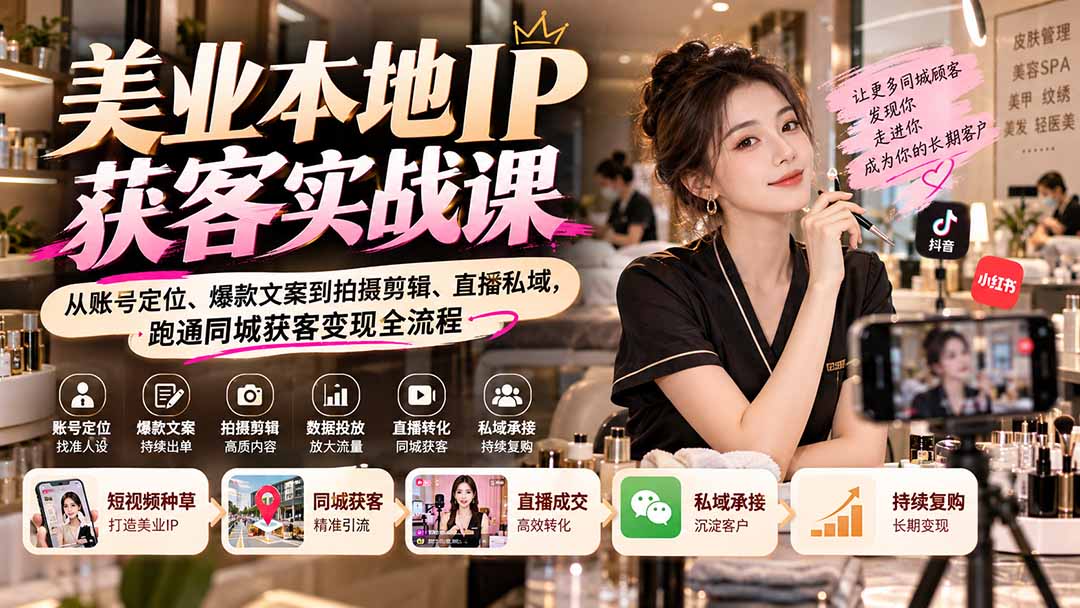 （20640期）【无水印】美业本地IP获客实战课：从账号定位、爆款文案到拍摄剪辑、直播私域，跑通同城获客变现全流程-小二项目网
