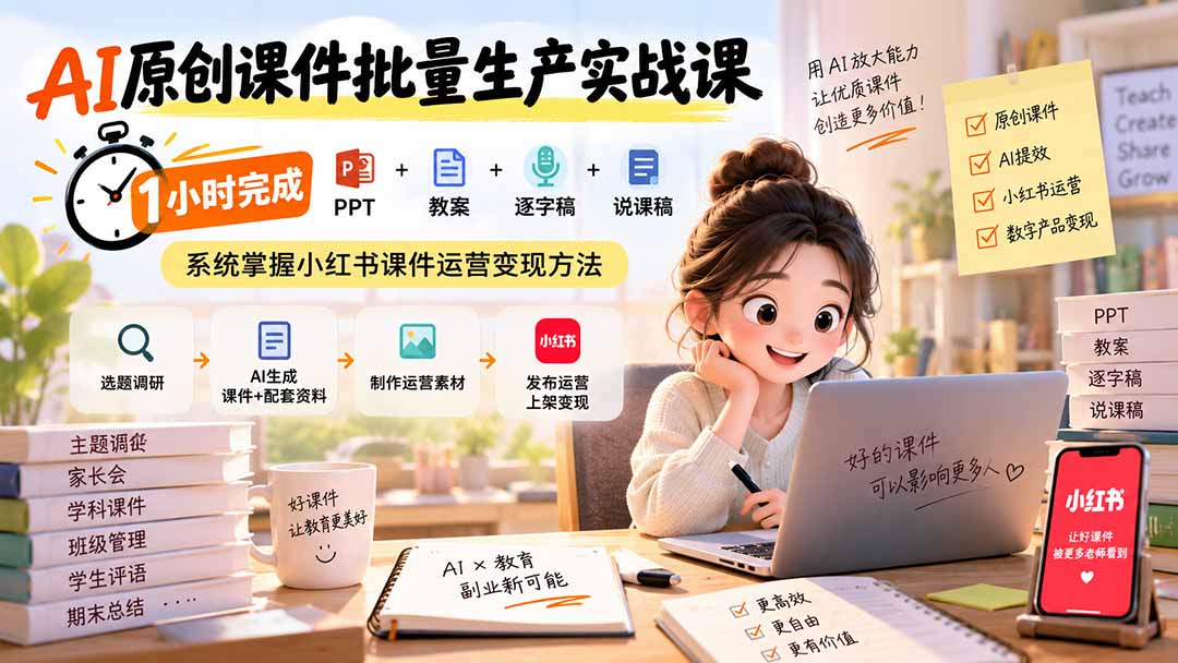 （20351期）AI原创课件批量生产实战课：1小时完成PPT+教案+逐字稿+说课稿，系统掌握小红书课件运营变现方法-小二项目网