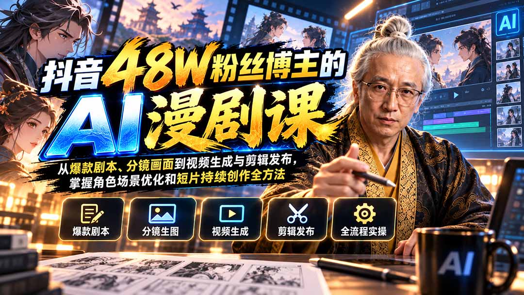 （20353期）抖音48W粉丝博主的AI漫剧课：从爆款剧本、分镜画面到视频生成与剪辑发布，掌握角色场景优化和短片持续创作全方法-小二项目网