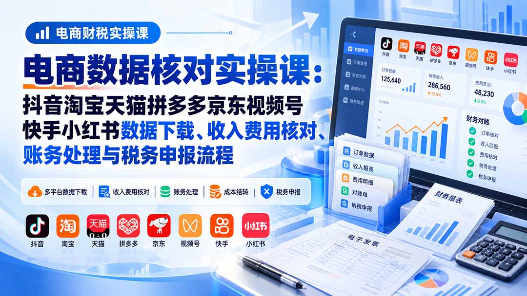 （20723期）电商数据核账实操课：抖音淘宝天猫拼多多京东视频号快手小红书数据下载、收入费用核对、账务处理与税务申报流程-小二项目网