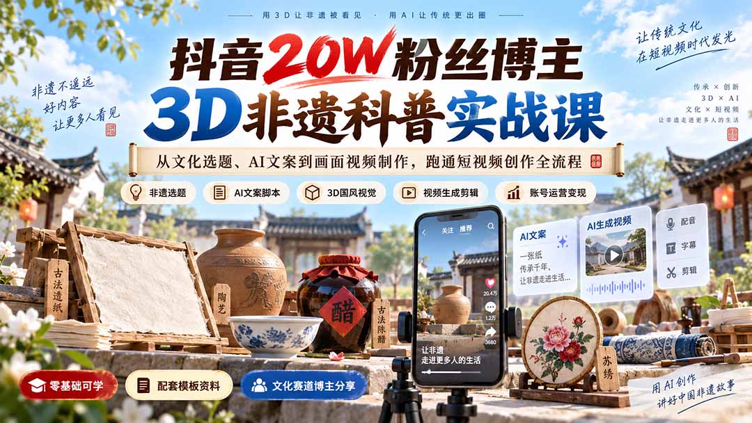 （20356期）抖音20W粉丝博主3D非遗科普实战课：从文化选题、AI文案到画面视频制作，跑通短视频创作全流程-小二项目网