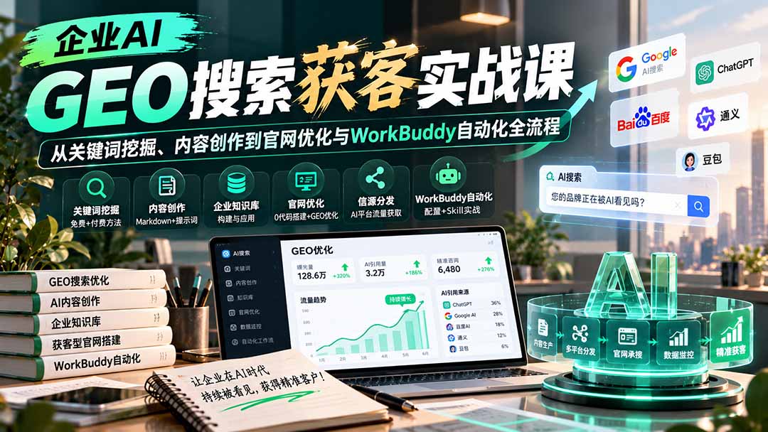 （20643期）企业AI GEO搜索获客实战课：从关键词挖掘、内容创作到官网优化与WorkBuddy自动化全流程-小二项目网