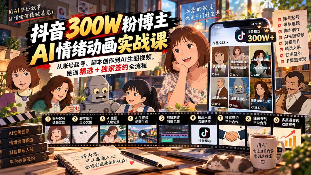 （20616期）抖音300W粉博主AI情绪动画实战课：从账号起号、脚本创作到AI生图视频，跑通精选+独家签约全流程-小二项目网