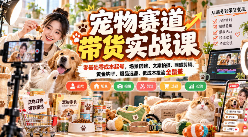 宠物赛道带货实战课，零基础零成本起号，场景搭建、文案拍摄、网感剪辑、黄金钩子、爆品选品、低成本投流全覆盖-小二项目网
