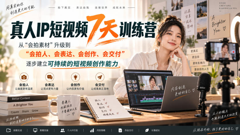 真人IP短视频7天训练营，从“会拍素材”升级到“会拍人、会表达、会创作、会交付”，逐步建立可持续的短视频创作能力-小二项目网