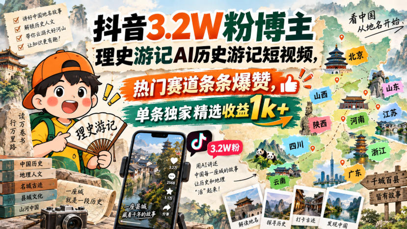 抖音3.2W粉博主理史游记AI历史游记短视频教学，热门赛道条条爆赞，单条独家精选收益1k+-小二项目网
