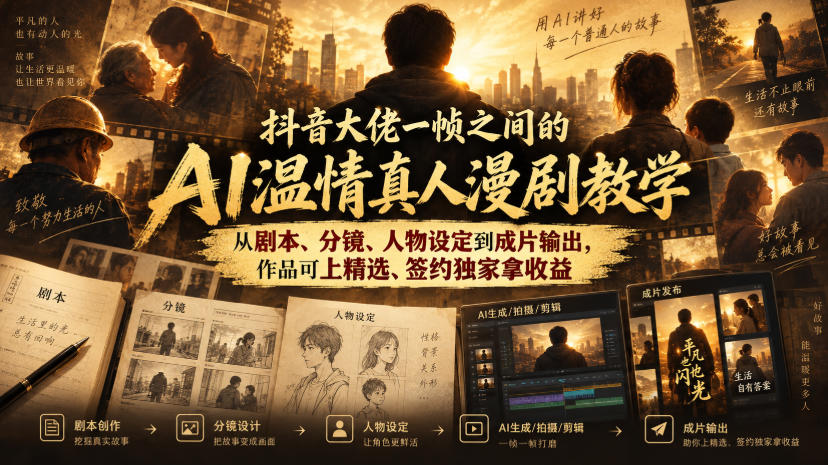抖音大佬一帧之间的AI温情真人漫剧教学，从剧本、分镜、人物设定到成片输出，作品可上精选、签约独家拿收益-小二项目网