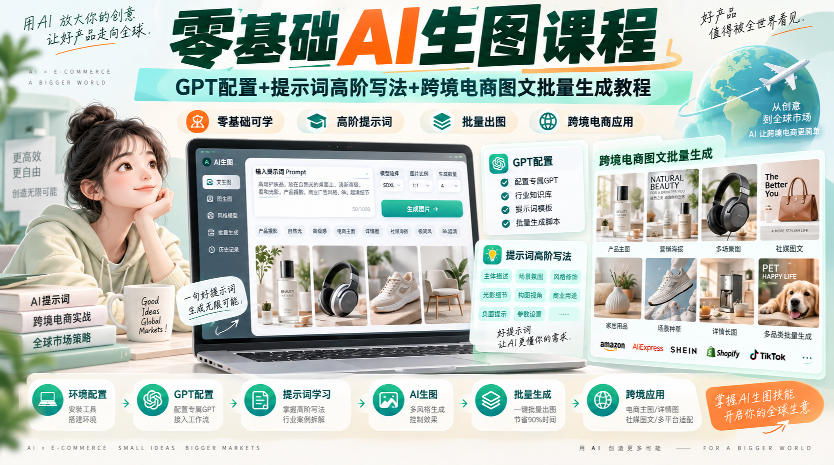 零基础AI生图课程，GPT配置+提示词高阶写法+跨境电商图文批量生成教程-小二项目网