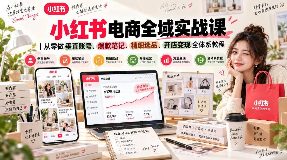 小红书电商全域实战课｜从零做垂直账号、爆款笔记、精细选品、开店变现全体系教程-小二项目网