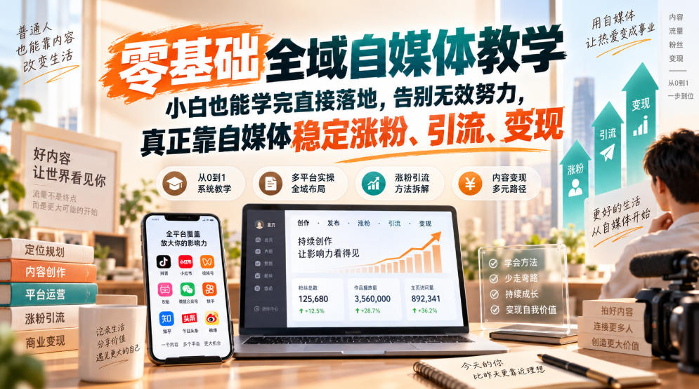 零基础全域自媒体教学，小白也能学完直接落地，告别无效努力，真正靠自媒体稳定涨粉、引流、变现-小二项目网