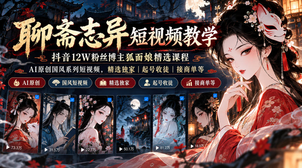 聊斋志异短视频教学，抖音12W粉丝博主狐面娘精选课程，AI原创国风系列短视频，精选独家丨起号收徒丨接商单等-小二项目网