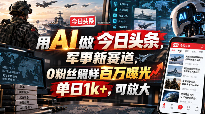 用AI做今日头条，军事新赛道，0粉丝照样百万曝光，单日1k+，可放大-小二项目网