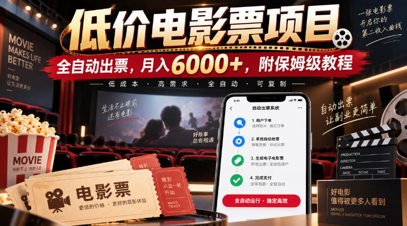 低价电影票项目，全自动出票，月入6000+，附保姆级教程【揭秘】-小二项目网