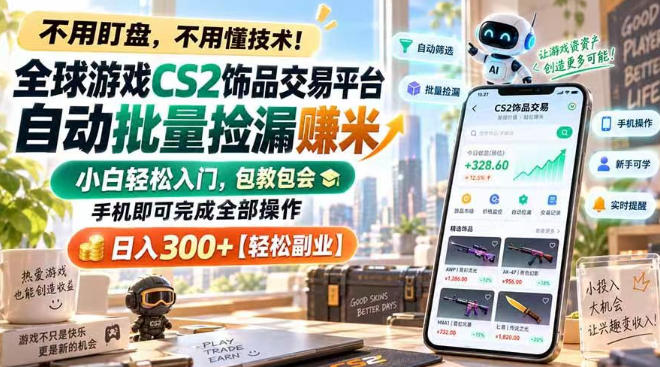 全球游戏CS2饰品交易平台自动批量捡漏賺米，小白轻松入门，包教包会，手机即可完成全部操作，日入300+【揭秘】-小二项目网