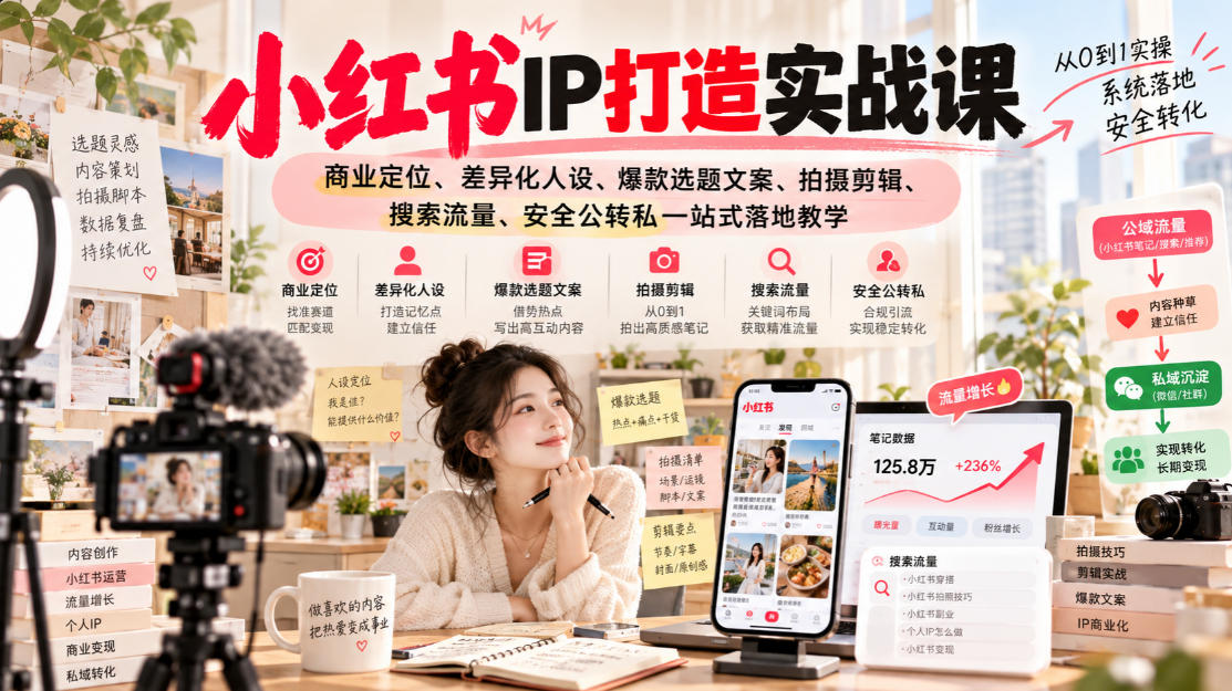 小红书ip打造实战课，商业定位、差异化人设、爆款选题文案、拍摄剪辑、搜索流量、安全公转私一站式落地教学-小二项目网