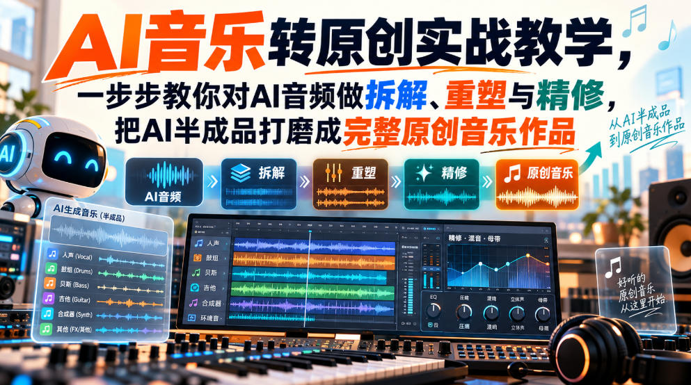 AI音乐转原创实战教学，一步步教你对AI音频做拆解、重塑与精修，把AI半成品打磨成完整原创音乐作品-小二项目网