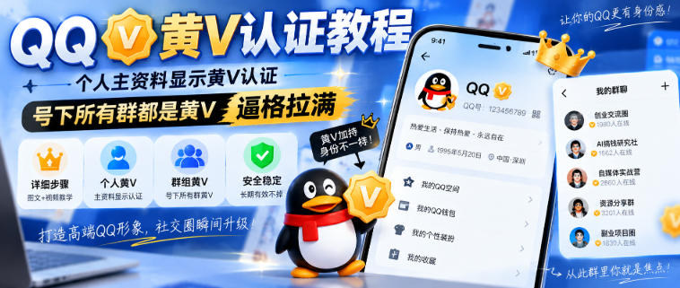 QQ黄V认证教程，个人主资料显示黄V认证，号下所有群都是黄V，逼格拉满-小二项目网