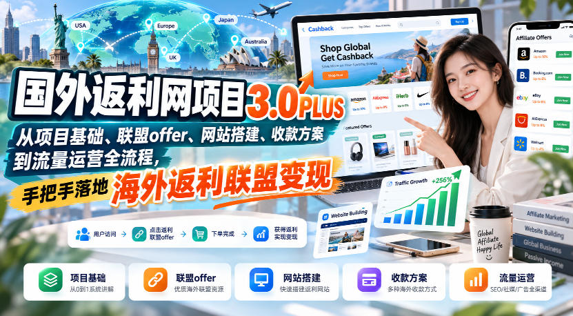 国外返利网项目3.0PLUS，从项目基础、联盟offer、网站搭建、收款方案到流量运营全流程，手把手落地海外返利联盟变现-小二项目网