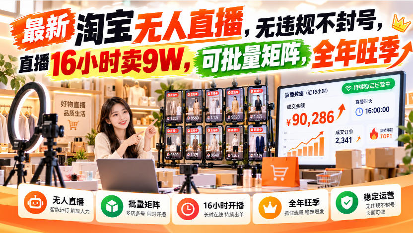 最新淘宝无人直播，无违规不封号，直播16小时卖9W，可批量矩阵，全年旺季【揭秘】-小二项目网