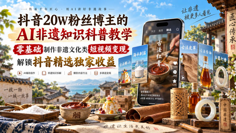 抖音20W粉丝博主的AI非遗知识科普教学，零基础制作非遗文化类短视频变现，解锁抖音精选独家收益-小二项目网
