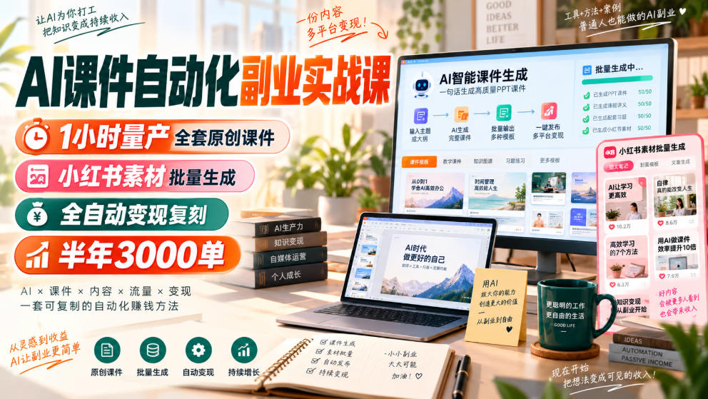 AI课件自动化副业实战课，1小时量产全套原创课件，小红书素材批量生成，全自动变现复刻，半年3000单-小二项目网