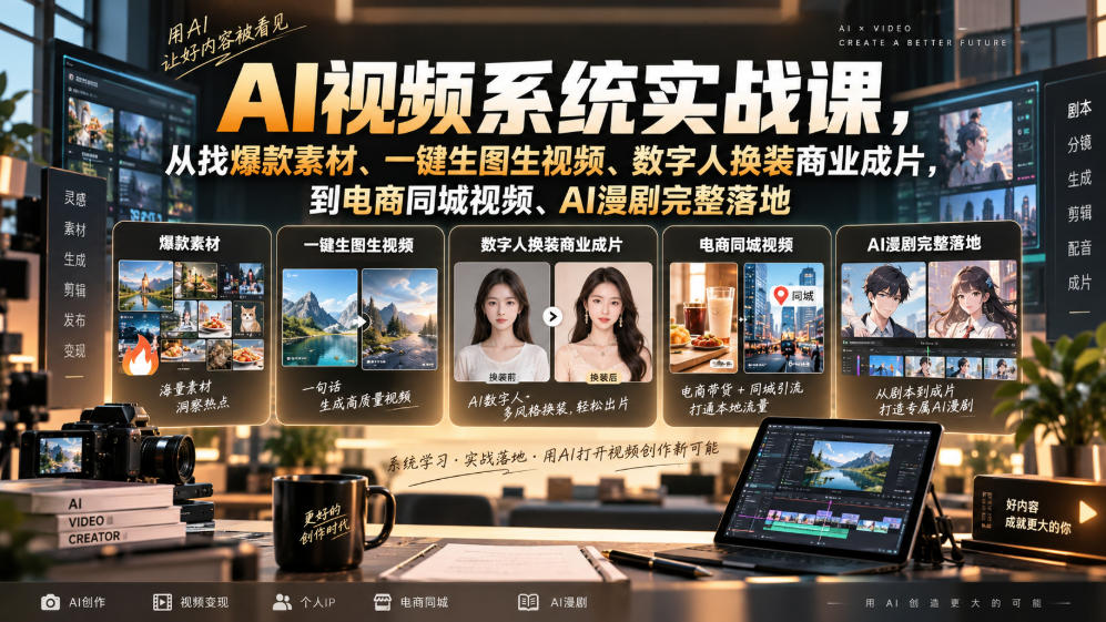 AI视频系统实战课，从找爆款素材、一键生图生视频、数字人换装商业成片，到电商同城视频、AI漫剧完整落地-小二项目网