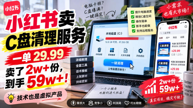 小红书卖C盘清理服务，一单29.99，卖了2w+份，技术也是虚拟产品-小二项目网