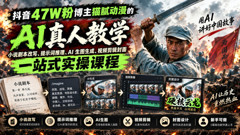 抖音47W粉博主猫腻动漫的AI真人漫剧教学，小说剧本改写、提示词推理、AI生图生成、视频剪辑封面一站式实操课程-小二项目网