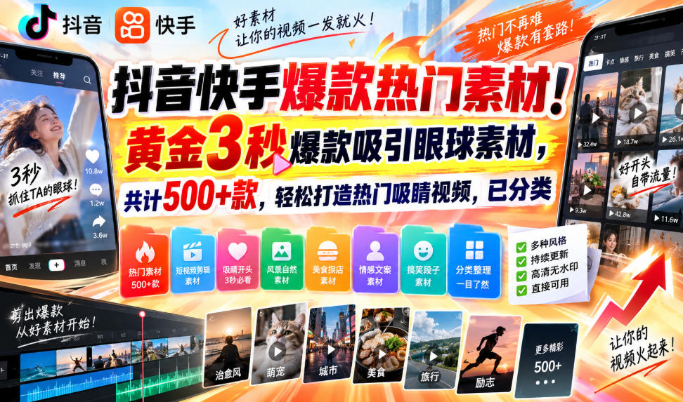 抖音快手爆款热门素材!黄金3秒爆款吸引眼球素材,共计500+款,轻松打造热门吸睛视频,已分类-小二项目网