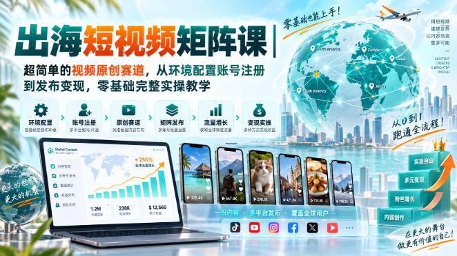 出海短视频矩阵课｜超简单的视频原创赛道，从环境配置账号注册到发布变现，零基础完整实操教学-小二项目网