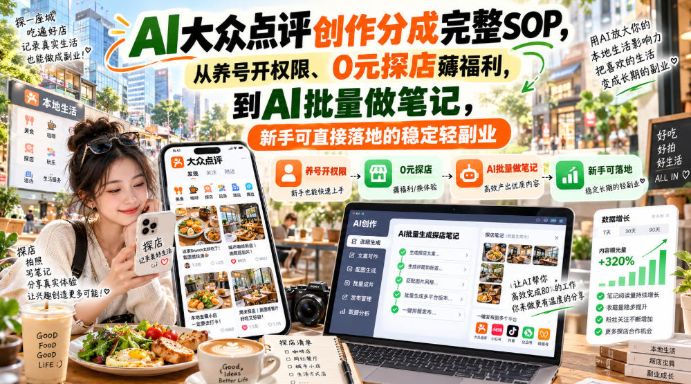 【无水印】AI大众点评创作分成完整SOP，从养号开权限、0元探店薅福利，到AI批量做笔记，新手可直接落地的稳定轻副业-小二项目网