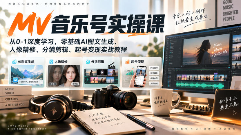 AI MV音乐号实操课，从0-1深度学习，零基础AI图文生成、人像精修、分镜剪辑、起号变现实战教程-小二项目网