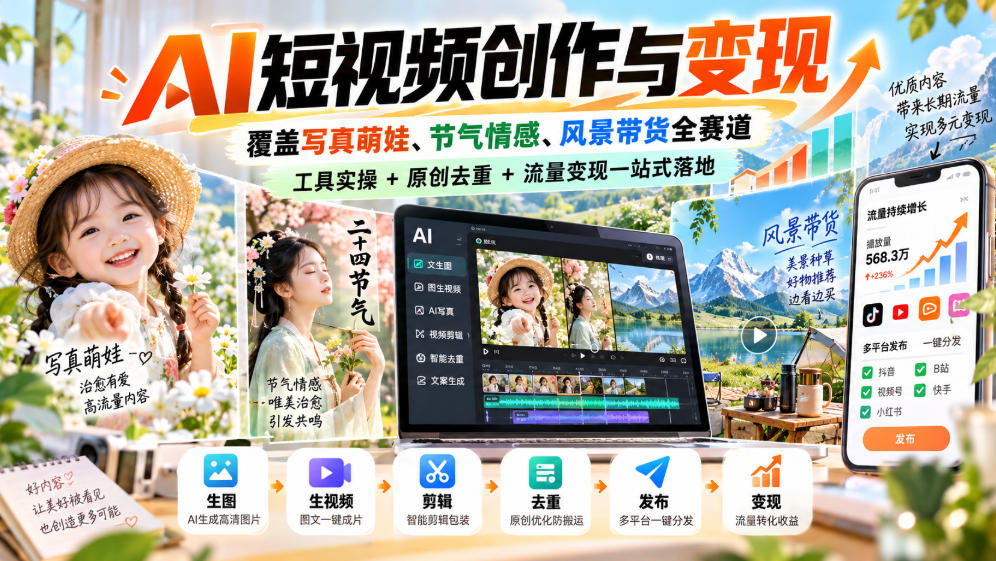 AI短视频创作与变现，覆盖写真萌娃、节气情感、风景带货全赛道，工具实操+原创去重+流量变现一站式落地-小二项目网