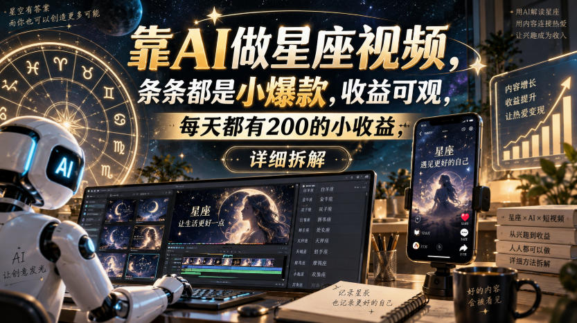 靠AI做星座视频，条条都是小爆款，收益可观，每天都有200的小收益，详细拆解-小二项目网