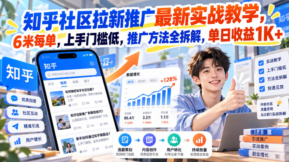 知乎社区拉新推广最新实战教学，6米每单，上手门槛低，推广方法全拆解，单日收益1K+！-小二项目网