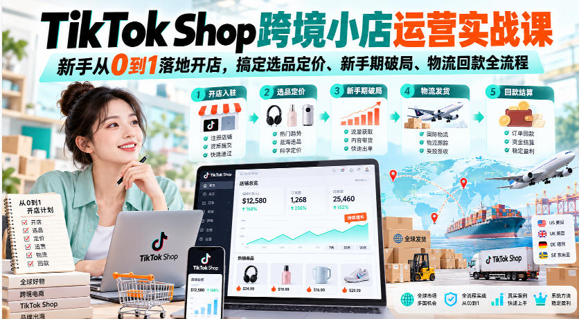 TikTok Shop跨境小店运营实战课，新手从0到1落地开店，搞定选品定价、新手期破局、物流回款全流程-小二项目网