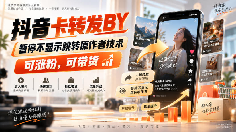 抖音卡转发搬运，暂停不显示跳转原作者技术，可涨粉，可带货-小二项目网
