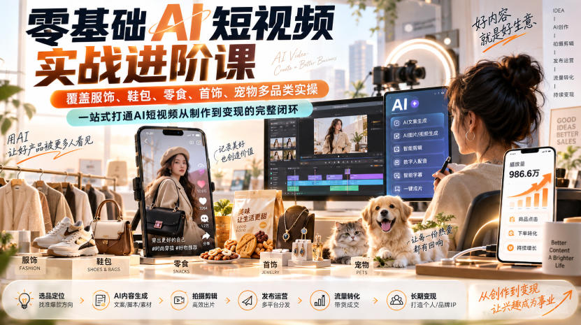 零基础AI短视频实战进阶课，覆盖服饰、鞋包、零食、首饰、宠物多品类实操，一站式打通AI短视频从制作到变现的完整闭环-小二项目网