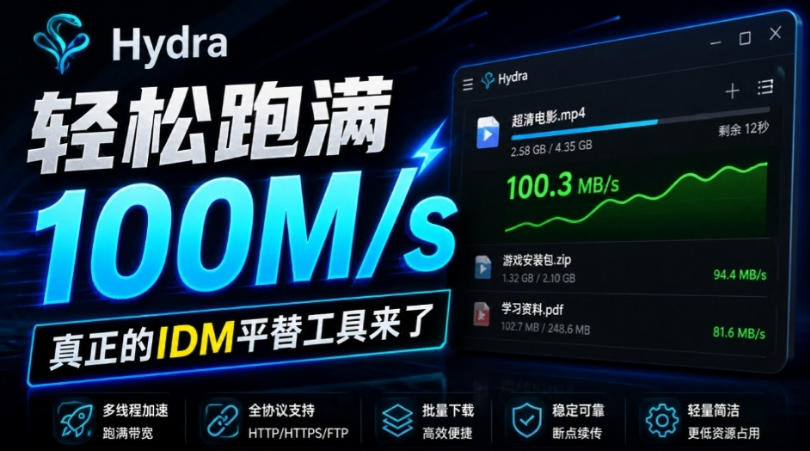 轻松跑满100M/s，真正的IDM平替工具来了，开源多线程器，支持浏览器拓展，一键智能加速Hydra Download Manager-小二项目网