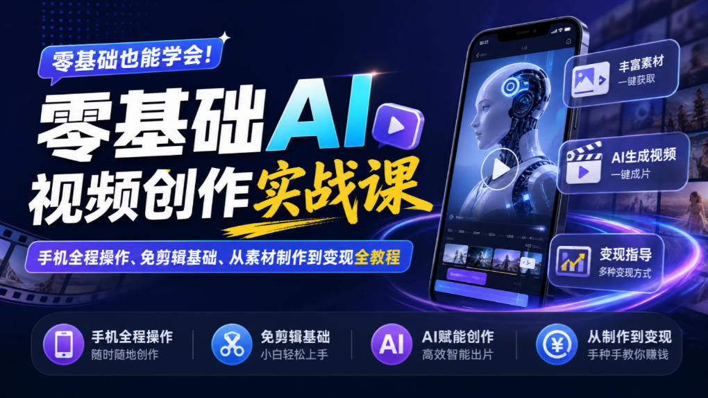 零基础AI视频创作实战课｜手机全程操作、免剪辑基础、从素材制作到变现全教程​-小二项目网