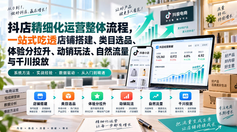 李哥电商-抖店精细化运营整体流程，一站式吃透店铺搭建、类目选品、体验分拉升、动销玩法、自然流量与千川投放-小二项目网