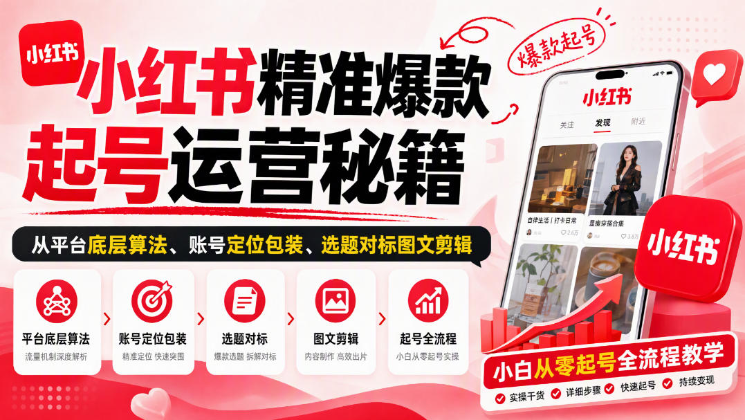 小红书精准爆款起号运营秘籍，从平台底层算法、账号定位包装、选题对标图文剪辑，小白从零起号全流程-小二项目网