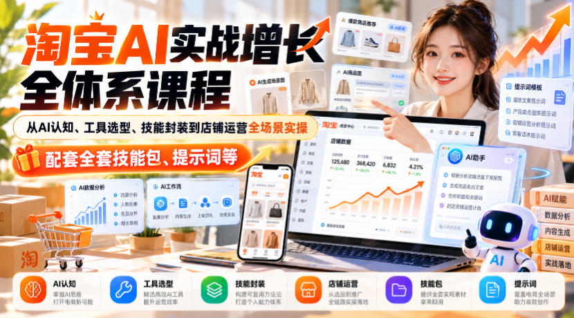 淘宝AI实战增长全体系课程，从AI认知、工具选型、技能封装到店铺运营全场景实操，配套全套技能包、提示词等-小二项目网
