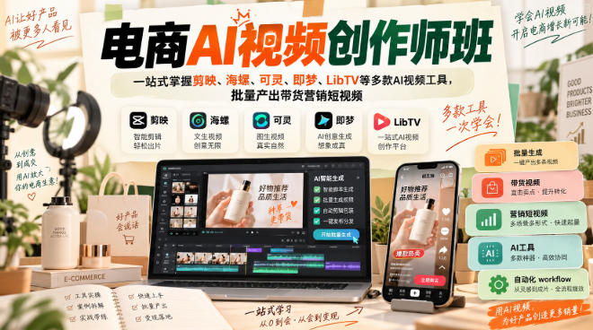 电商AI视频创作师班，一站式掌握剪映、海螺、可灵、即梦、LibTV等多款AI视频工具，批量产出带货营销短视频-小二项目网