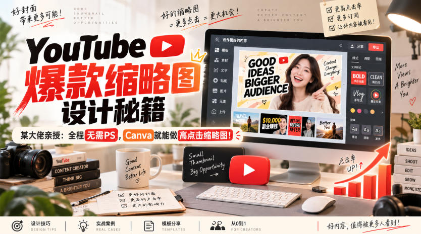 YouTube爆款缩略图设计秘籍，某油管大佬（610万订阅者）亲授，全程无需PS，Canva就能做高点击缩略图！【原创双语字幕】-小二项目网