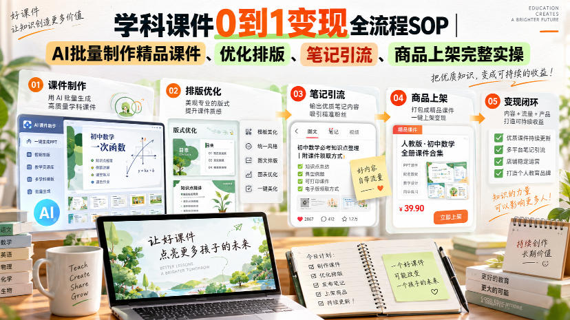 学科课件0到1变现全流程SOP｜AI批量制作精品课件、优化排版、笔记引流、商品上架完整实操​-小二项目网