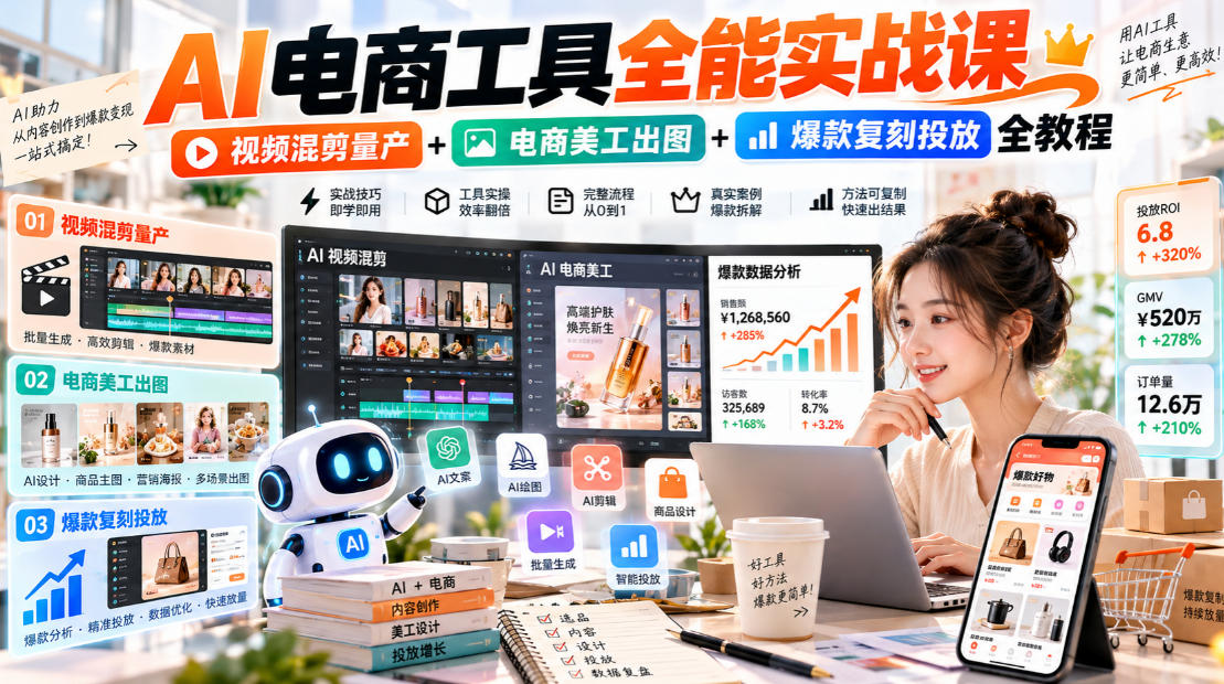 AI电商工具全能实战教学，视频混剪量产+电商美工出图+爆款复刻投放全教程​-小二项目网