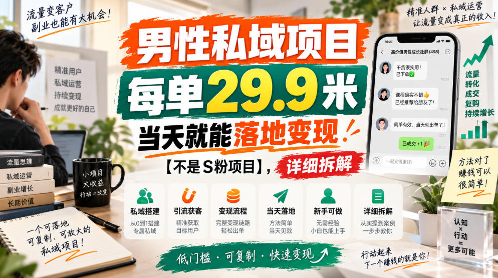 男性私域项目，每单29.9米，当天就能落地变现【不是S粉项目】，详细拆解-小二项目网