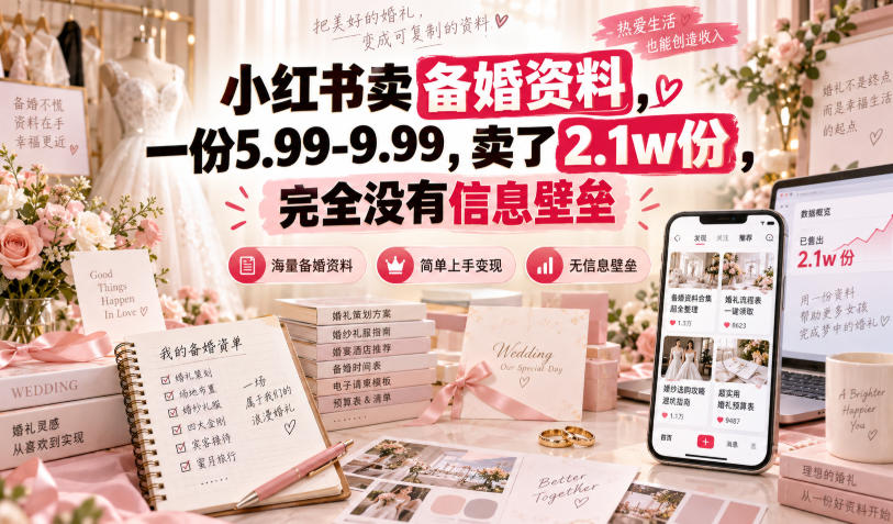 小红书卖备婚资料，一份5.99-9.99，卖了2.1w份，完全没有信息壁垒-小二项目网
